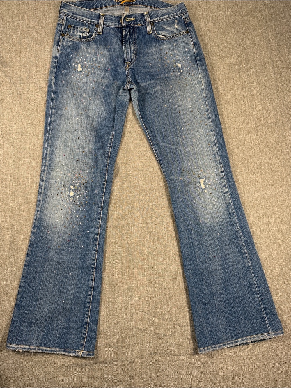 Votre Nom Blue Distressed Flare Jeans with Paint-Splatter